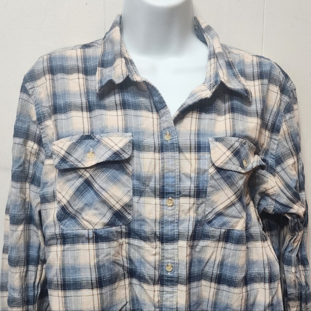 Chaps Denim Shirt XL‎ Blue Cream Plaid Long Sleeve Casual C407Z